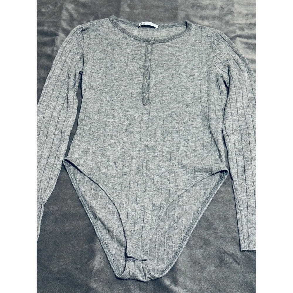Zara Textured Henley Long sleeve Medium Gray Bodysuit